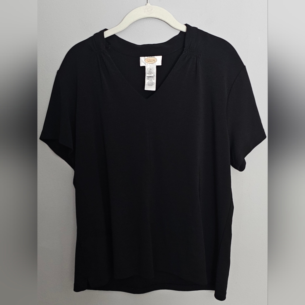 Vtg Talbots Knit Top Size XL Black Rayon V-Neck Jersey Elevated Tee Minimalist